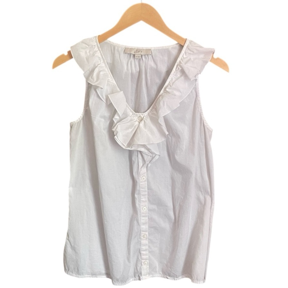 LOFT White Ruffle Button-Front Sleeveless Blouse Sz M